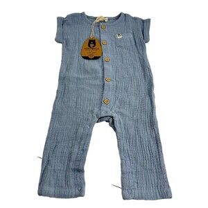 Rabbit+Bear Organic Cotton Infant 6-9 mo Outfit Hat One Piece Gauze Blue Short